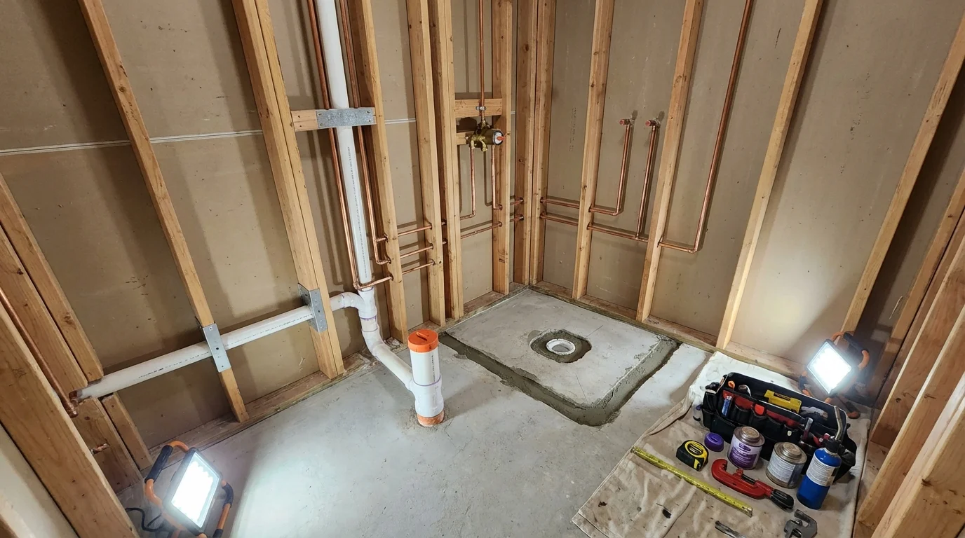 Bathroom rough-in plumbing during remodel by Johns Plumbing LLC in Nedrow