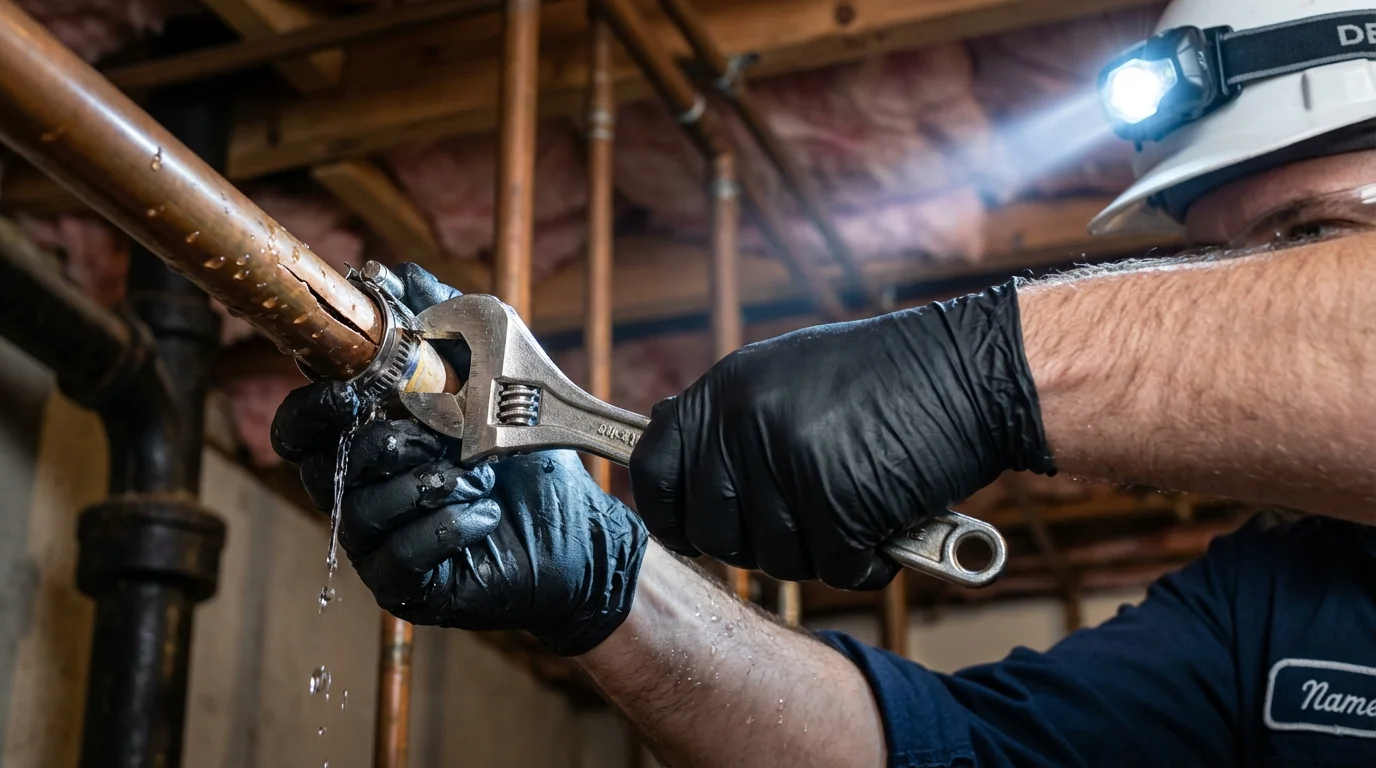 Emergency pipe clamp repair being performed by a Johns Plumbing LLC plumber in Nedrow