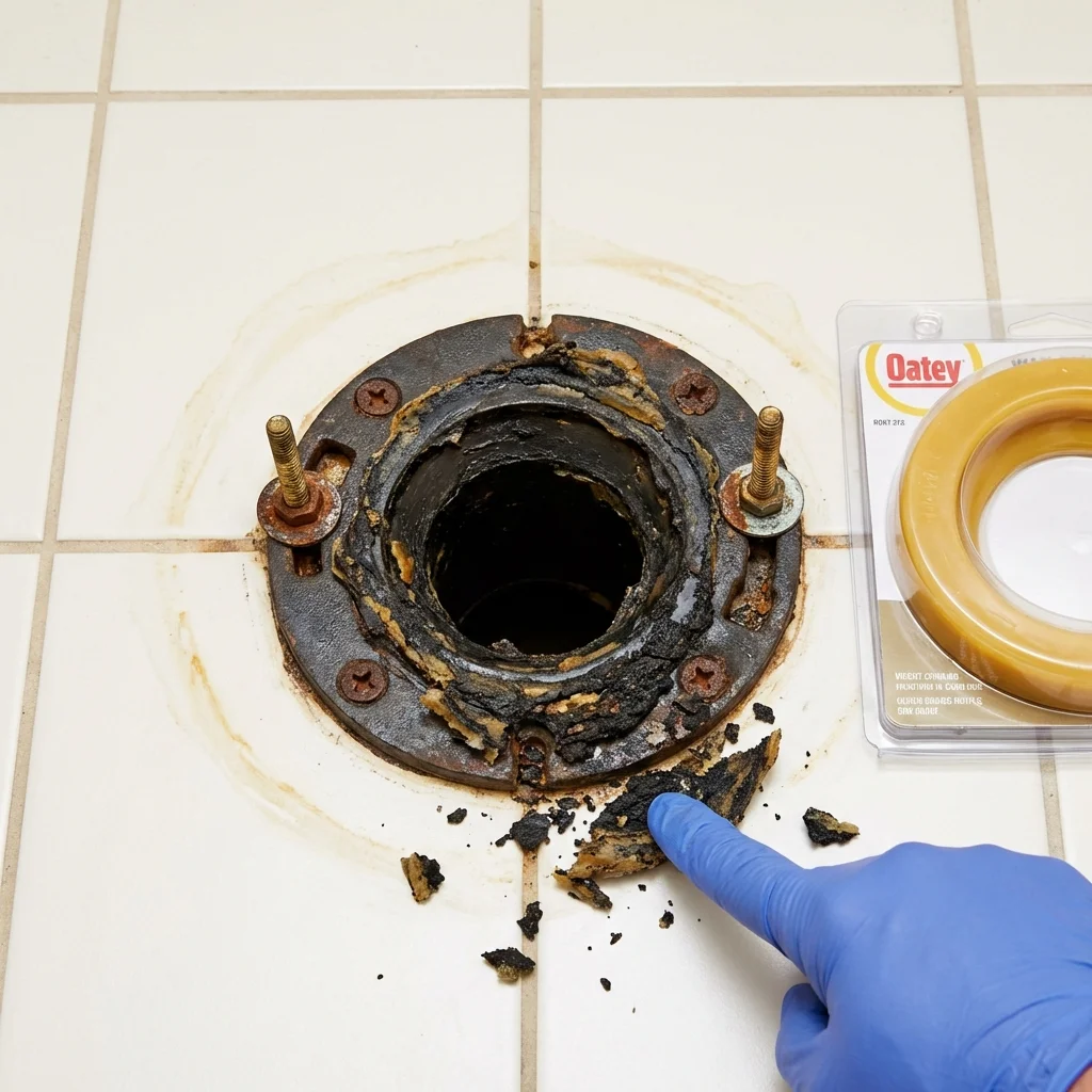 Failed wax ring showing water seepage at the base of a toilet in a Nedrow, NY home